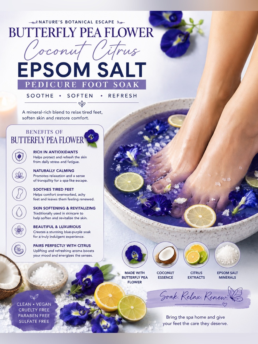 Butterfly Pea Flower Coconut Citrus Epsom Salt Pedicure Foot Soak - Calming Blue